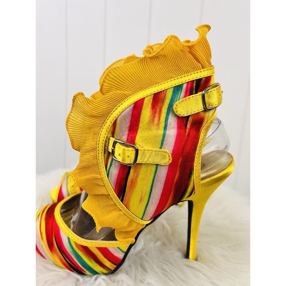 Glamorous Wild Rose Platform Stiletto Heels Ruffled Ankle Strap Size 9 - Picture 3 of 8